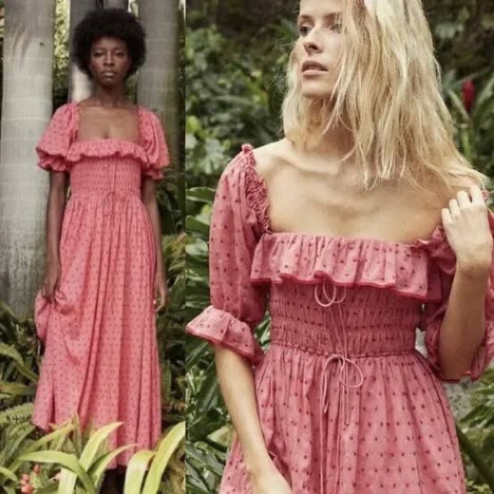 Doen pink polka dot maxi dress ruffles summer sundress size small. TAGS REMOVE